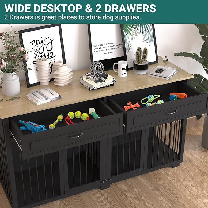Large Dog Crate with Double Rooms, 72" Heavy Duty Wooden Dog Cage Furniutre Dog Crate Kennel w/Drawers &amp; Removable Divider,Indoor Luxury Dog House for Large Dogs,Black