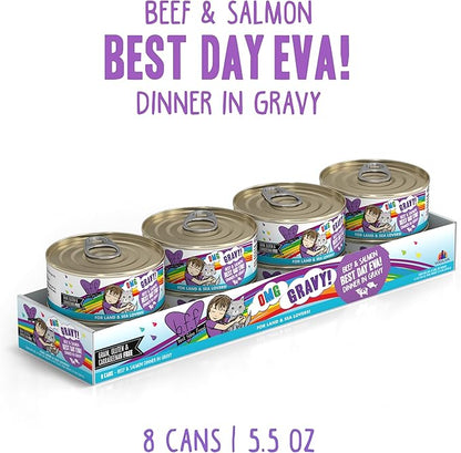 Weruva B.F.F. OMG - Best Feline Friend Oh My Gravy!, Best Day Eva! with Beef &amp; Salmon in Gravy Cat Food, 5.5oz Can (Pack of 8)