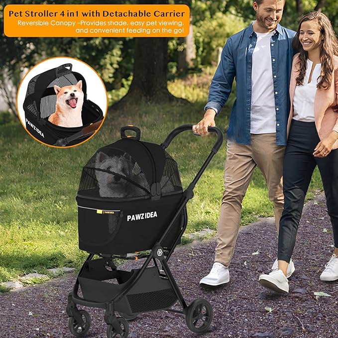 PAWZIDEA Pet Stroller 4 in 1, Dog Strollers for Small/Medium Dogs/Cats with Detachable Carrier NO-Zip Canopy, Seatbelt Puppy Car Seat Combo, Foldable &amp; Lightweight Jogger Cat Strollers, Storage Basket
