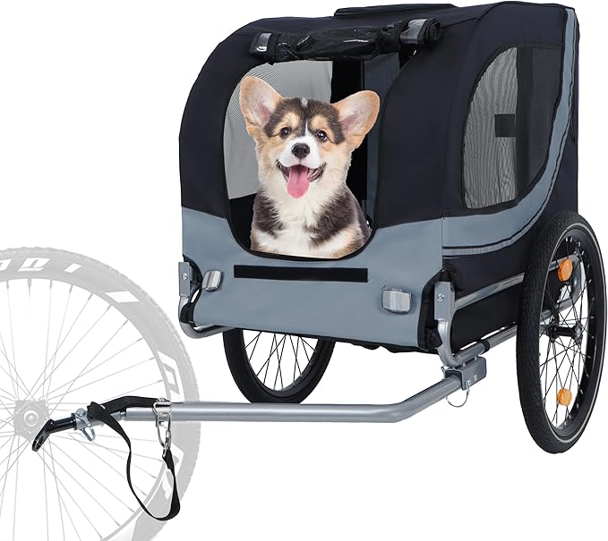 Blue-Grey Large Folding Bike Trailer for Dogs – Heavy-Duty Steel Frame, 66LB Capacity Pet Carrier for All-Terrain Cycling, Jogging &amp; Camping Adventures!