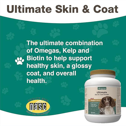 NaturVet Ultimate Skin &amp; Coat Powder Pet Supplement for Dogs &amp; Cats – Includes Omegas 3, 6, 9, Biotin, Vitamins – For Healthy Dog Coats, Cat Skin – Tasty Food Topper for Pets – 4 lbs.