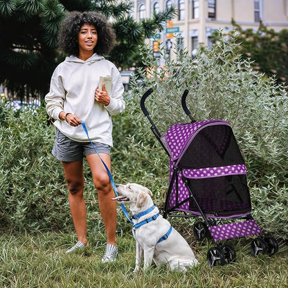 MoNiBloom 4 Wheels Pet Stroller, Easy-Fold Umbrella Shaped Dog Cat Jogger Stroller w/Storage Bag &amp; Visible Mesh for Small/Medium Dogs Cats Purple Polka Dots