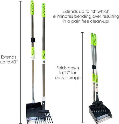 Aluminum Telescoping Metal Handled Poop Tray with Rake Sturdy Lightweight Pooper Scooper Extends 43" Long Scoop Great for Large &amp; Small Dogs (2154)