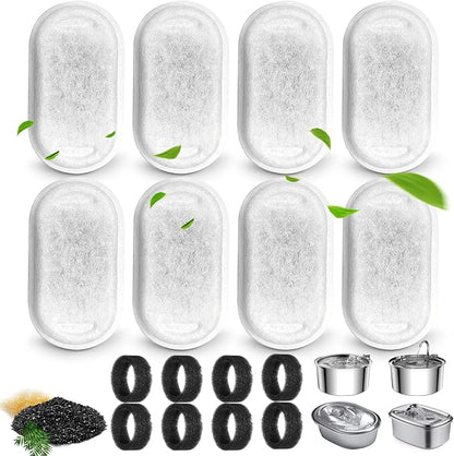 Cat Water Fountain Filters for 108/3.2L&amp; 67oz/2L Stainless Steel Pet Water Dispenser Fountain Filter Replacement with 8 Sponges (8 Filters&amp;8 Sponges)