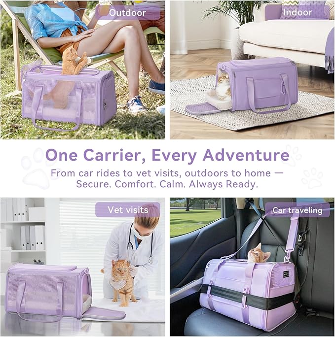 PETSFIT Soft-Sided Cat Carriers &amp; Car Seats with Patent Safe Buckles, Clip-On Harness, 18"x11"x11" Airline Approved Pet Carrier - 9 lbs Capacity (Purple)