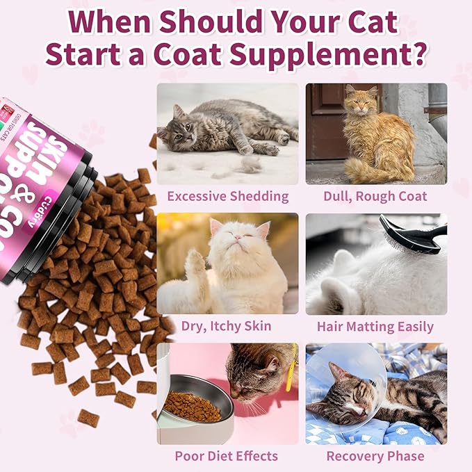 Natural Skin and Coat Support for Cats - Crunchy &amp; Creamy Chews with Omega 3, Biotin &amp; Vitamin E for Healthy Skin, Shiny Fur, Cat Supplements &amp; Vitamins -Chicken（500 Chews