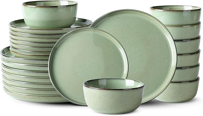 GBHOME Ceramic Dinnerware Sets for 8, 24 Pieces Stoneware Plates and Bowls Sets, Scratch Resistant Dishes, Dishwasher &amp; Microwave Safe-Pastel Green