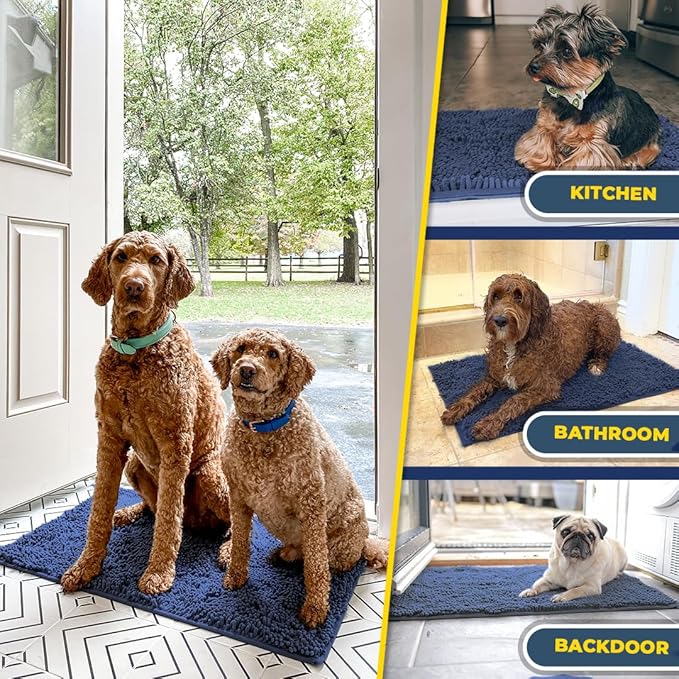 Muddy Mat® Pack of 3 Highly Absorbent Microfiber Dog Door Mat and Pet Rug, Non Slip Thick Washable Area Mat Soft Chenille for Kitchen Bathroom Bedroom and Outdoor - Navy Blue Small, Medium &amp; Large