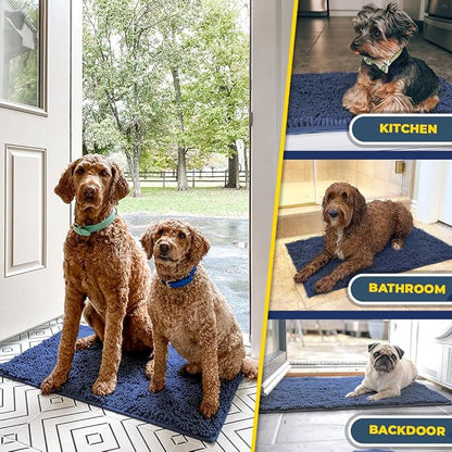 Muddy Mat® Pack of 3 Highly Absorbent Microfiber Dog Door Mat and Pet Rug, Non Slip Thick Washable Area Mat Soft Chenille for Kitchen Bathroom Bedroom and Outdoor - Navy Blue Small, Medium &amp; Large