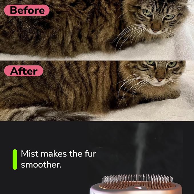 Misty - Moisturizing Pet Comb - Hair Brush with Mist, One-Click Clean, &amp; Stainless Steel Bristles - Anti-Static Deshedding - Smooth Grooming for Cats, Dogs, &amp; Small Pets - No Handle Compact Design