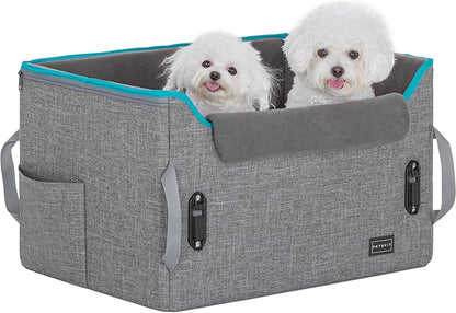 PETSFIT Dog Booster Car Seat for Small/Medium Dogs, Dog Car Seat for Medium Sized Dog with 2 Clip-On Safety Leashes and Patented Buckles, Pet Car Seat with Storage Pockets for Pets Under 45Lbs (Grey)