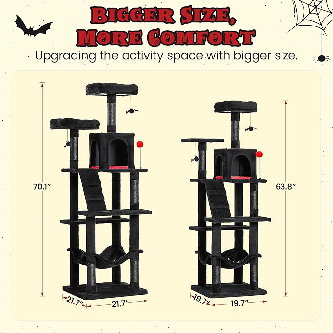 MWPO Gothic Large Cat Tree, 70.1-Inch Multi-Level Tall Cat Tower for Indoor Cats, Plush Cat Condo with Big Padded Perches, Sisal-Covered Scratching Posts, Hammock, Toys for Kittens &amp; Cats, Black