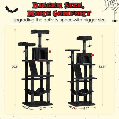 MWPO Gothic Large Cat Tree, 70.1-Inch Multi-Level Tall Cat Tower for Indoor Cats, Plush Cat Condo with Big Padded Perches, Sisal-Covered Scratching Posts, Hammock, Toys for Kittens &amp; Cats, Black