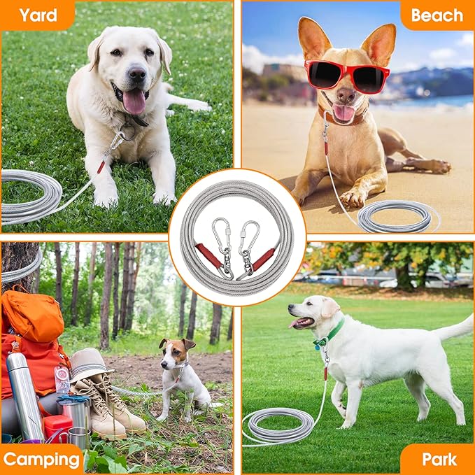 Dog Tie Out Cable for Dogs Outside Up to 125/250lbs,10/20/30/50FT Long Dog Leashe&amp;Chains,Small-Large Dogs Runner Cable for Yard,Heavy Duty Lead Line for Outdoor,Camping,Yard(250lbs 30FT, Silver)