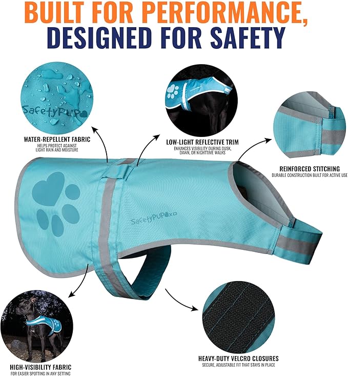 Dog Reflective Vest – Hi-Vis Fluorescent Visibility That Helps to Safeguard Your Pet On/Off Leash in Urban &amp; Rural Areas (Teal, Large)