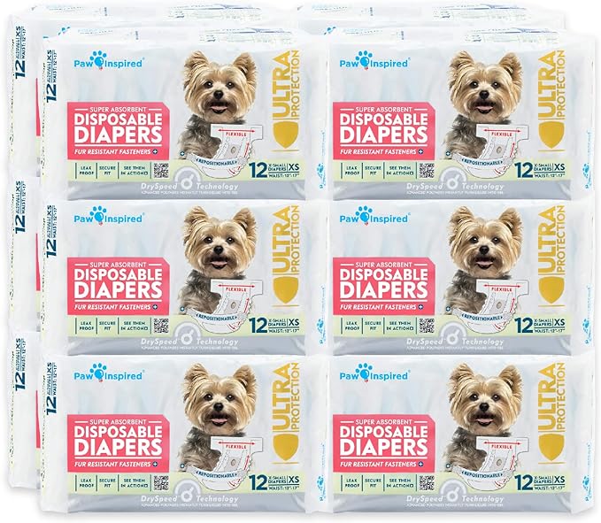 Paw Inspired Disposable Dog Diapers | Female Dog Diapers Ultra Protection | Diapers for Dogs in Heat, Excitable Urination, or Incontinence (12&amp;144 Count) (X-Small (144 Count))