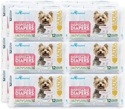 Paw Inspired Disposable Dog Diapers | Female Dog Diapers Ultra Protection | Diapers for Dogs in Heat, Excitable Urination, or Incontinence (12&amp;144 Count) (X-Small (144 Count))