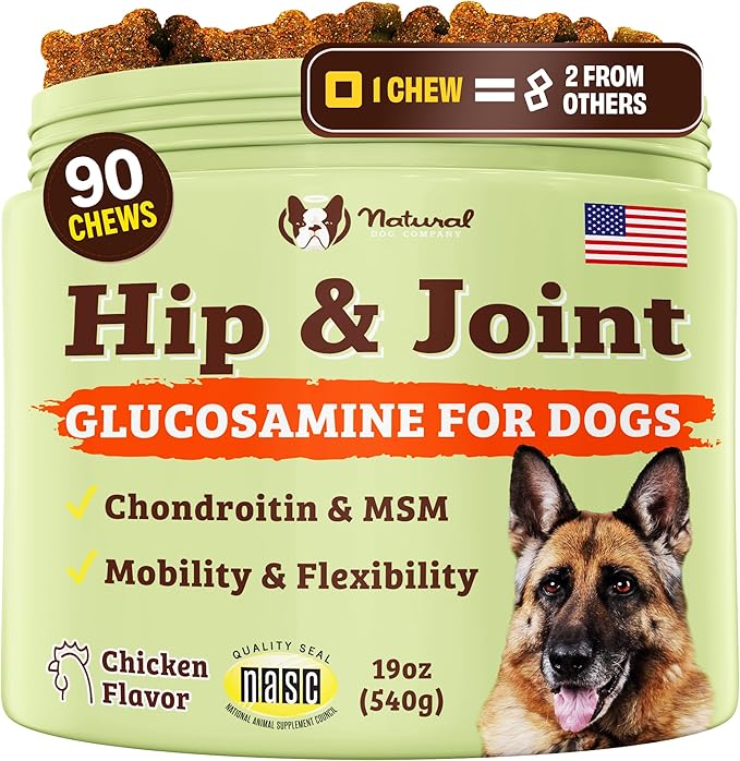 Natural Dog Company Hip &amp; Joint Chews, Chicken Liver &amp; Turmeric Flavor, with Glucosamine Chondroitin for Dogs, Maintains Bone and Joint Health, Supplements for Seniors and Puppies, 90 Count