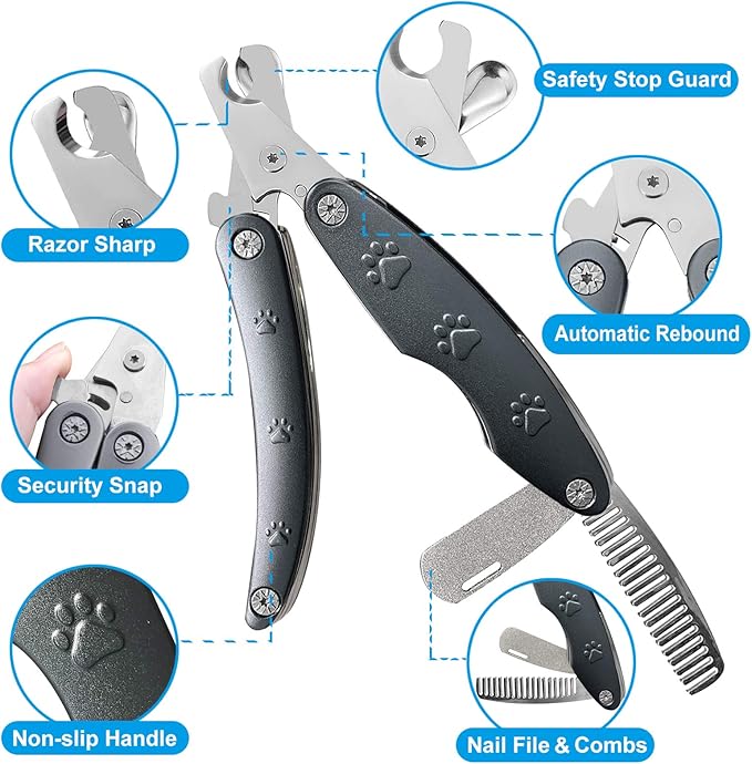 Best Dog Nail Trimmers for Anxiety Sensitive Dogs, Quiet Sharpest Smoothest Nail Clippers for Large Dog Medium Small, Professional Stainless Steel with Nail File &amp; Comb, Left-Handed Friendly