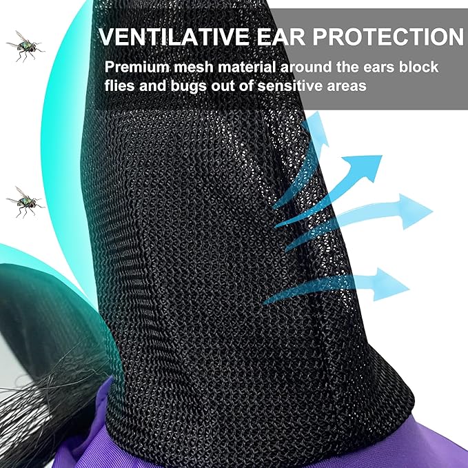 Stretchy Horse Fly Mask for Horses, Soft Lycra Equine Mesh Mask, Elasticity Horse Face Covering, Breathable&amp;UV Protection, Violet, Cob