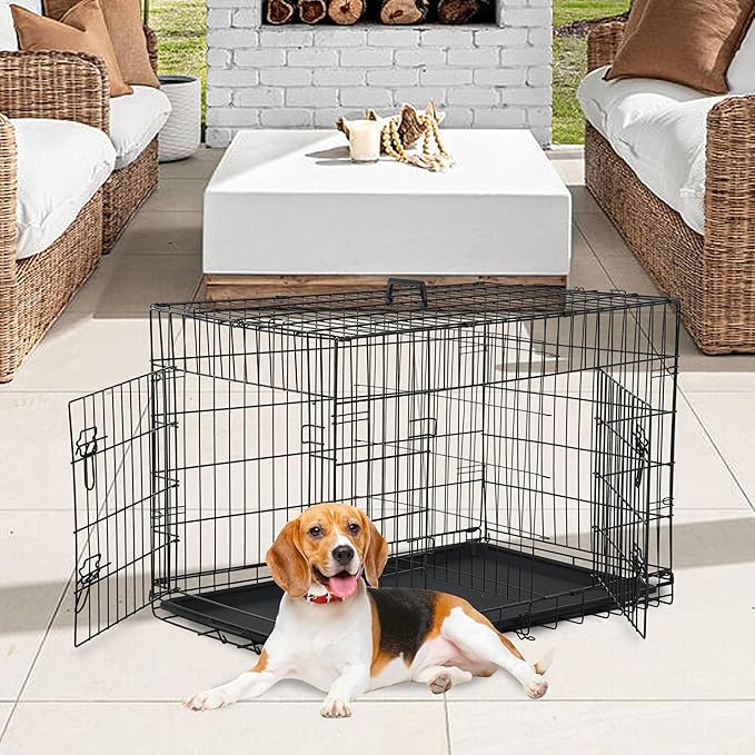FDW Dog Crate Dog Kennel Cage with Double Door,36 inch Folding Metal Wire Dog Cage with Removable Tray&amp;Divider Panel,Pet Crate for Medium Dogs,Black