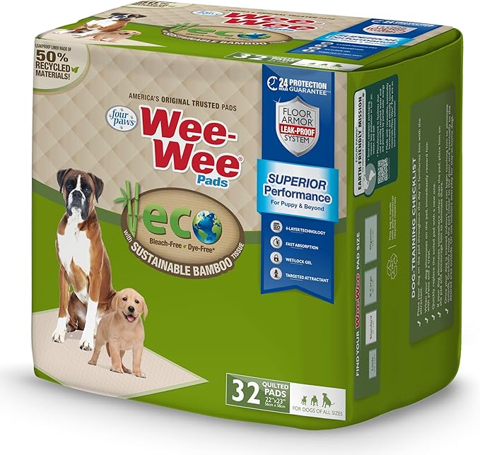 Four Paws Wee-Wee Superior Performance Bamboo Pee Pads for Dogs, Earth Friendly Dog &amp; Puppy Potty Training Pads, Crate Liners, Housebreaking Supplies, 22" x 23" (32 Count)