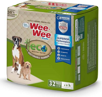 Four Paws Wee-Wee Superior Performance Bamboo Pee Pads for Dogs, Earth Friendly Dog &amp; Puppy Potty Training Pads, Crate Liners, Housebreaking Supplies, 22" x 23" (32 Count)