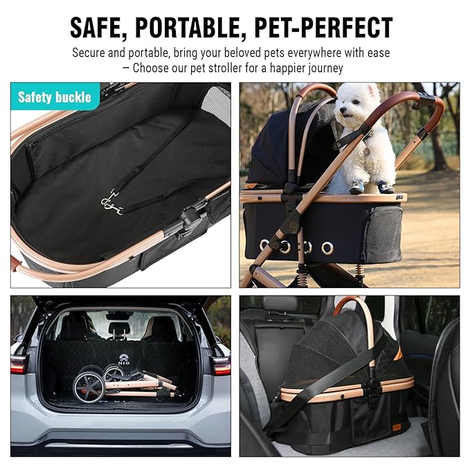 EchoSmile 4 in 1 Pet Stroller, Folding Lightweight Cat &amp; Dog Stroller with Detachable Carrier, NO-Zip 180° Reversible Canopy, All Terrain 4-Wheel,45 lbs Capacity for Small to Medium Dogs