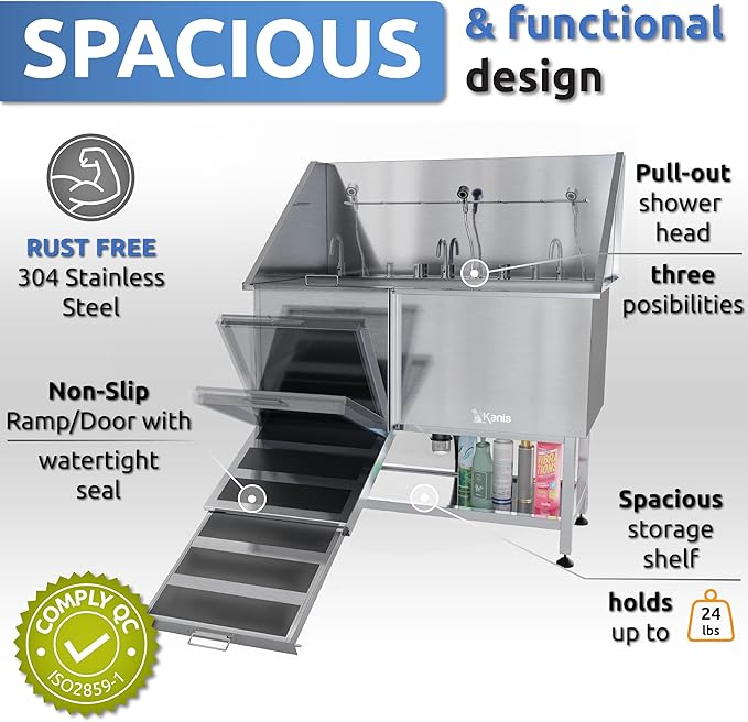 KANIS Professional Dog Washing Station - 304 Stainless Steel Pet Wash Sink &amp; Grooming Bath Tub for Home with Ramp, Shower, Floor Grate, Storage Shelf, Faucet, Drain Kit for Large, Medium &amp; Small Pets