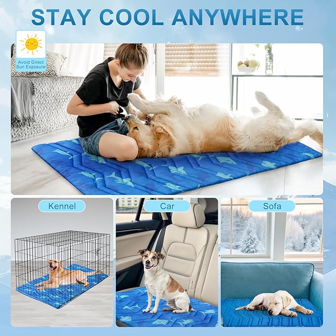 BEAUTYZOO Dog Cooling Mat- Upgraded Thicken Cooling Mat for Large Dogs Reversible(Cool &amp; Warm) Pet Ice Cool Bed Washable &amp; Portable, Summer Crate Pad for Big Dog Puppy Up to 80 lbs, Shark Blue 48X28IN