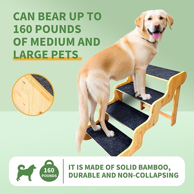Dog Stairs for Large/Oldder Dogs,4 Steps Bamboo Wooden Pet Ramp for High Beds, Cars &amp; Couch Sofa - Supports Dog Up to 160 LB,20-inches High