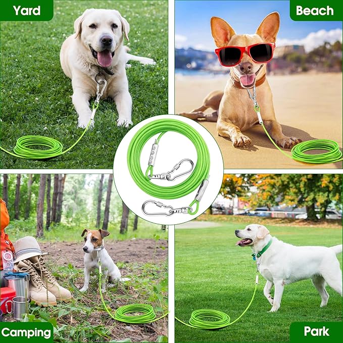 Dog Tie Out Cable for Outside,20FT Heavy Duty Dog Leash&amp;Chains with Swivel Hook,Small-Large Dogs Runner Cable Up to 250lbs, Long Dogs Lead Line for Yard Outdoor and Camping (250lbs 20FT, Green)