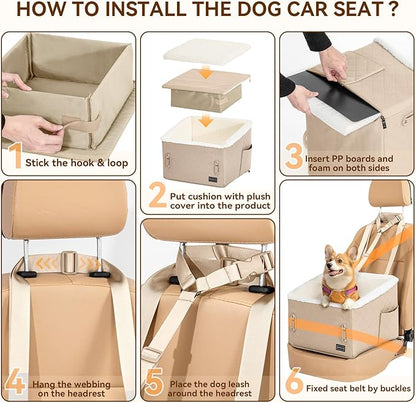 PETSFIT Small Dog Booster Car Seat, Soft Foam Puppy Carseat with Patented Safety Buckles, Storage Pockets and Detachable Clip-On Safety Leash, Dog Car Booster Seat for Medium Pet Under 30 LBS (Khaki)