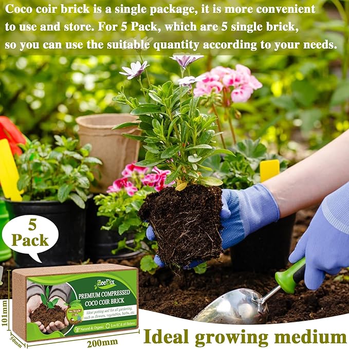 ZeeDix 5 Pack Premium Coco Coir Brick, Organic Compressed Coconut Coir Bricks Seed Starter Potting Soil for Plants, Coconut Fiber Substrate with Low EC &amp; pH Balance for Gardening Flower Herbs
