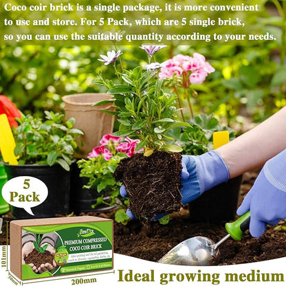 ZeeDix 5 Pack Premium Coco Coir Brick, Organic Compressed Coconut Coir Bricks Seed Starter Potting Soil for Plants, Coconut Fiber Substrate with Low EC &amp; pH Balance for Gardening Flower Herbs