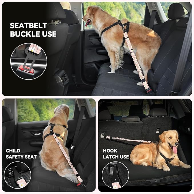 Pawaboo Dog Seatbelt for Car, 3-in-1 Dog Seat Belt Bungee, Shockproof Dogs Tether for Car with Buckle &amp; Hook Latch, Adjustable Reflective Dogs Cars Harness Leash with 360° Lockable Buckle, Light Pink