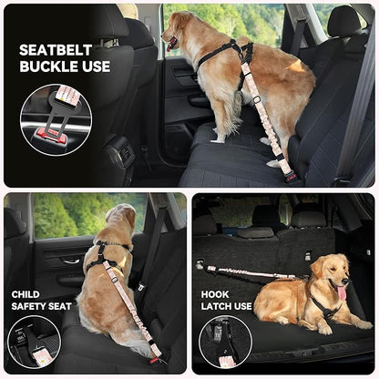 Pawaboo 2Pack Dog Seatbelt for Car, 3-in-1 Dog Car Seat Belt Bungee, Dogs Tether for Cars with Buckle &amp; Hook Latch, Adjustable Reflective Dogs Cars Harness Leash with 360° Lockable Buckle, Light Pink