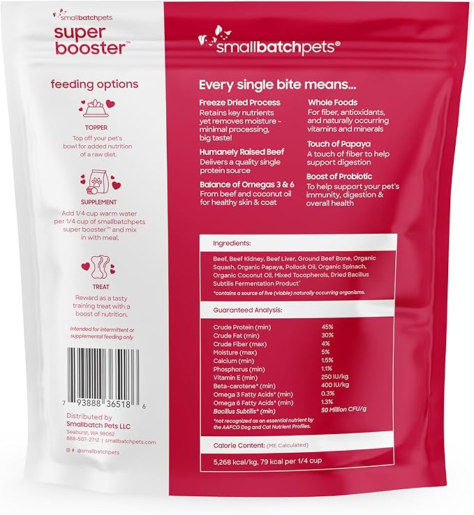 Smallbatch Freeze Dried Dog Treats, Superfood Food Topper Beef Bites for Dogs &amp; Cats, Probiotics, Organic Ingredients, High Protein, Grain Free Healthy Treat Food Topper, Made in The USA, 18 oz Bag