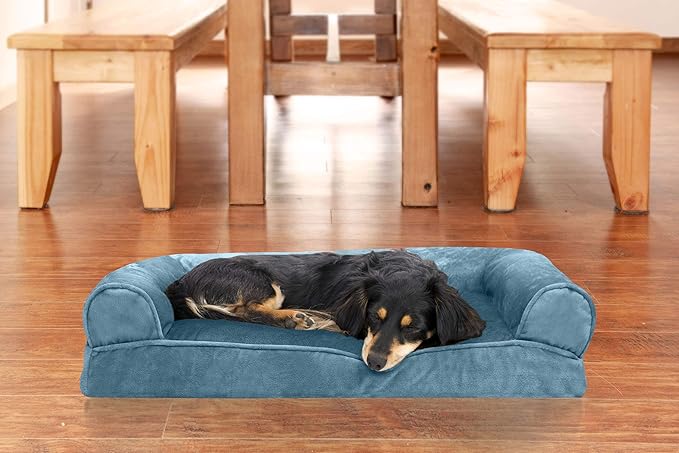 Furhaven Pillow Dog Bed for Medium/Small Dogs w/ Removable Bolsters &amp; Washable Cover - Faux Fur &amp; Velvet Sofa - Harbor Blue, Medium