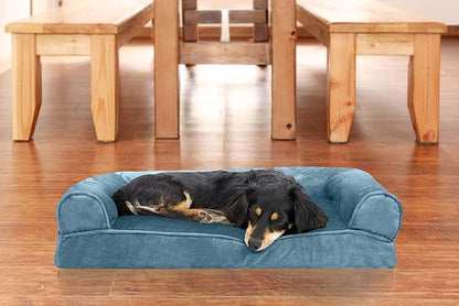 Furhaven Pillow Dog Bed for Medium/Small Dogs w/ Removable Bolsters &amp; Washable Cover - Faux Fur &amp; Velvet Sofa - Harbor Blue, Medium