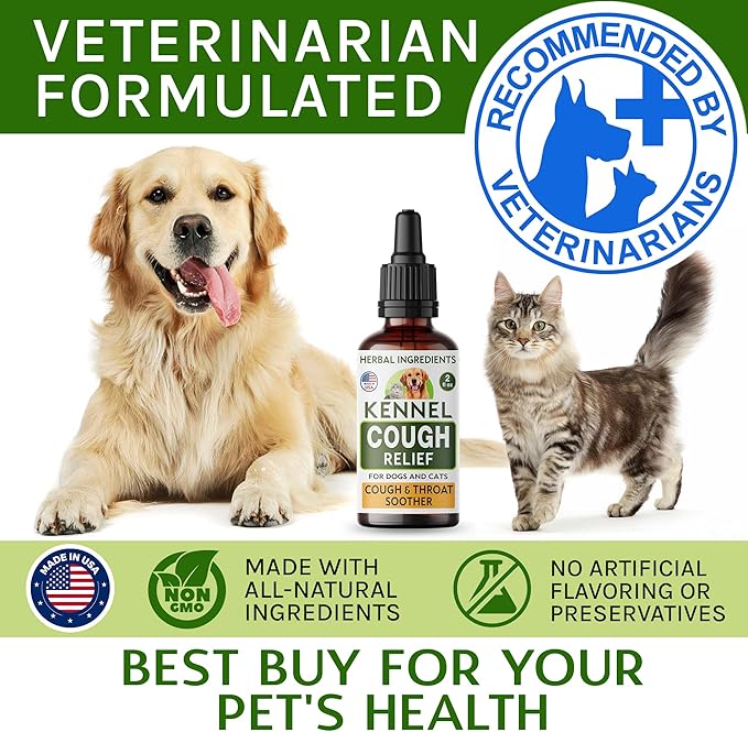 Kennel Cough Herbal Drops for Dogs &amp; Cats - Cough Relief - Throat Soother - Dry and Wet Pet Cough - Made in US - 2 Fl Oz