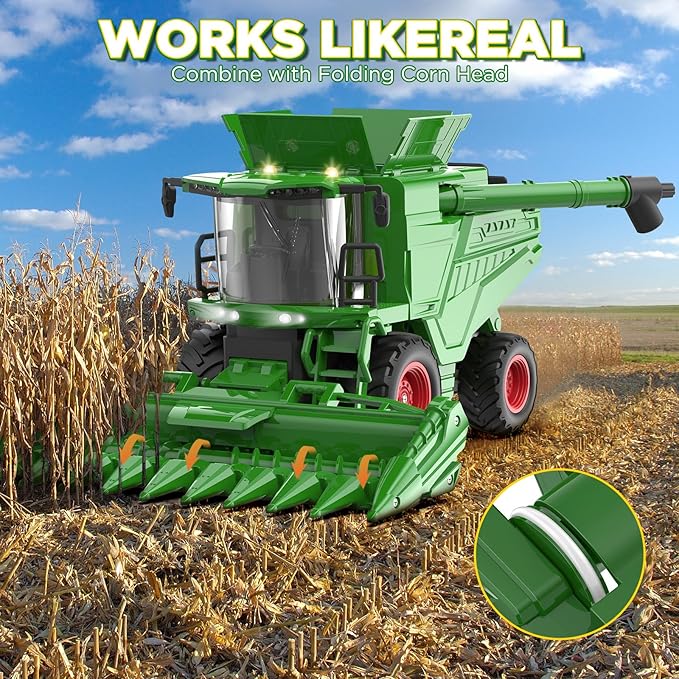 Remote Control Combine Harvester Tractor Toy with Corn Head, RC Tractor Toys for Kids 3+, Light/Spray/Sound/1/24 Scale, Farm Toy Combine Harvester for Kids, Christmas Birthday Gift 2025
