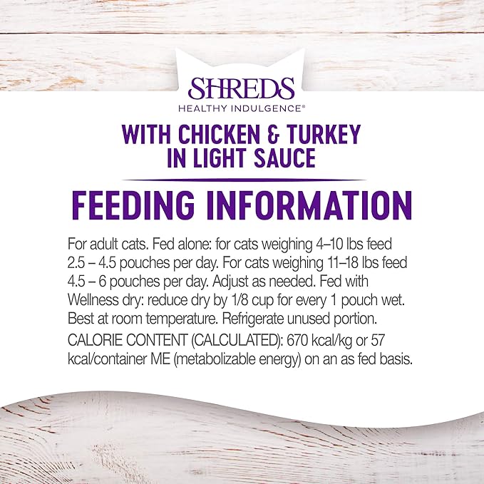 Wellness Healthly Indulgence Shreds Adult Wet Cat Food, Natural, Protein-Rich, Grain Free, 3 Ounce Pouch, 24 Pack, (Chicken &amp; Turkey)