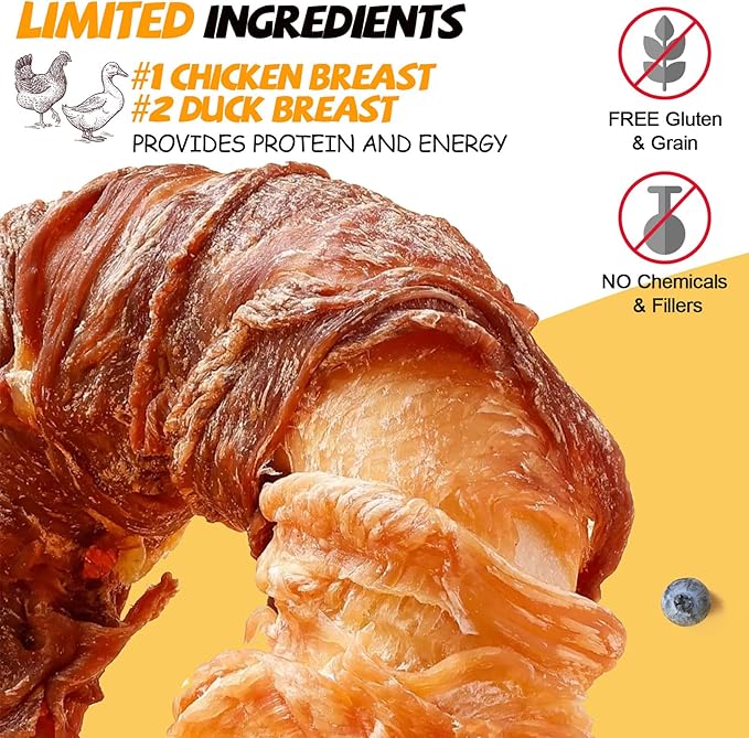 ASMPET Dog Treats Chews, Chicken &amp; Duck Wrapped Rawhide Donuts Dental Care Chews for Small Medium Large Breed Aggressive Chewers (Pack of 4)