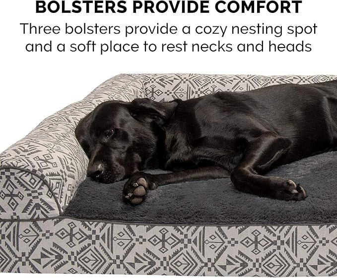 Furhaven Orthopedic Dog Bed for Large Dogs w/ Removable Bolsters &amp; Washable Cover, For Dogs Up to 95 lbs - Plush &amp; Southwest Kilim Woven Decor Sofa - Boulder Gray, Jumbo/XL