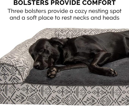 Furhaven Orthopedic Dog Bed for Large/Medium Dogs w/ Removable Bolsters &amp; Washable Cover, For Dogs Up to 55 lbs - Plush &amp; Southwest Kilim Woven Decor Sofa - Boulder Gray, Large