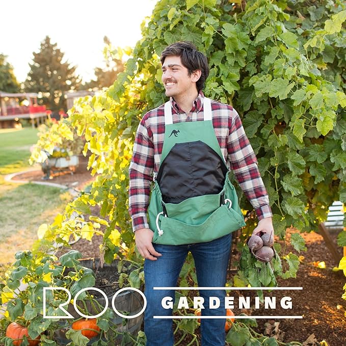 Roo Gardening Apron with Pockets &amp; Harvesting, Picking Pouch - Adjustable, Water-resistant, Washable Canvas Cotton