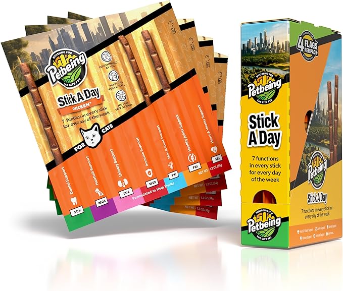 Stick a Day | Specially Formulated 7-in-1 Functions Daily Real Meat Supplement for Cats | Cat Chew Stick &amp; Pet Vitamins Supplements Combination (7-Pack x 4, Chicken)