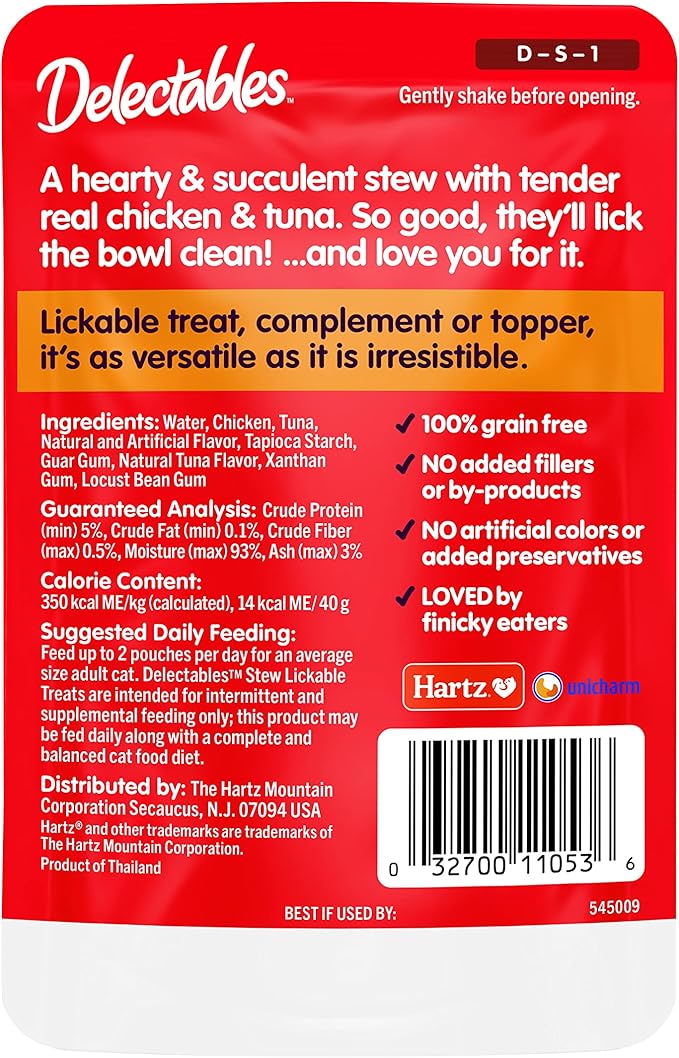 Hartz Delectables Stew Lickable Wet Cat Treats for Adult &amp; Senior Cats, Chicken &amp; Tuna, 1.4 Ounce (Pack of 12)
