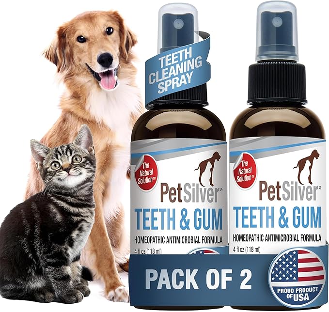 PetSilver Teeth &amp; Gum Spray - Dog Dental &amp; Teeth Cleaning Spray for Plaque &amp; Tartar Build-Up Reduction - Natural Breath Freshener for Dogs &amp; Cats - Patented Chelated Silver - Made in USA - 4oz, 2-Pack